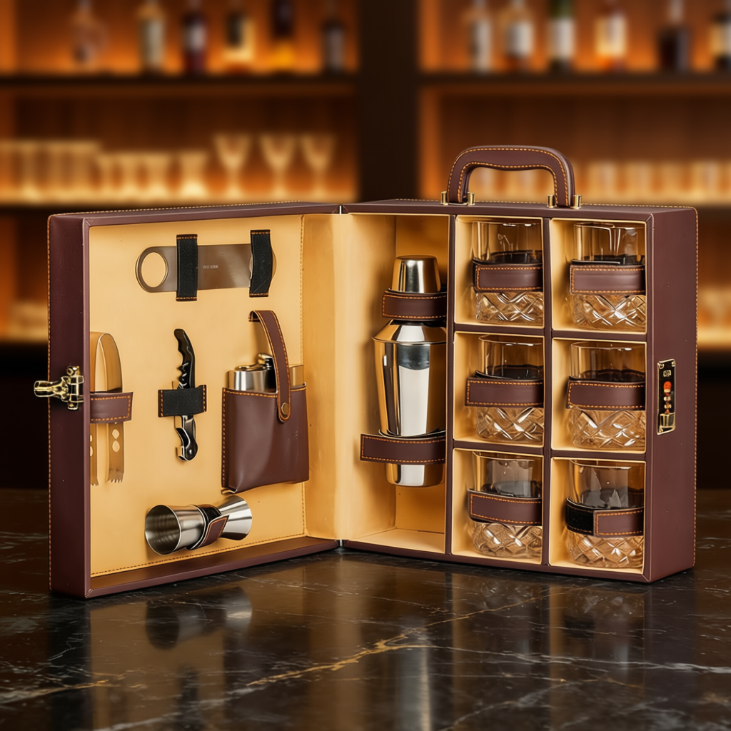Classic Portable Bar Tools Set - Brown Leatherette - 12 Piece Set