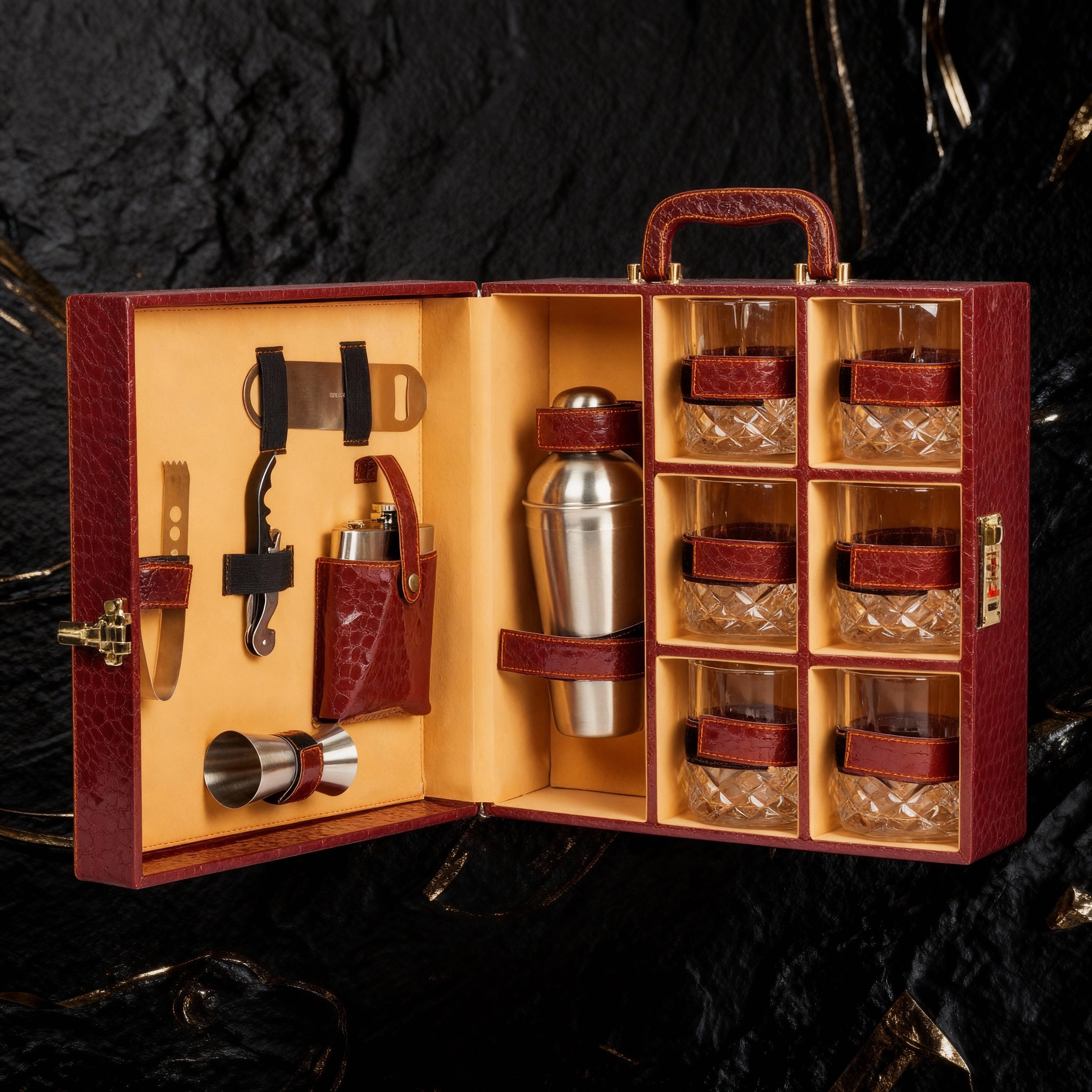 Image of Classic Portable Bar Tools Set - Brown Croc Print - 12 Piece Set