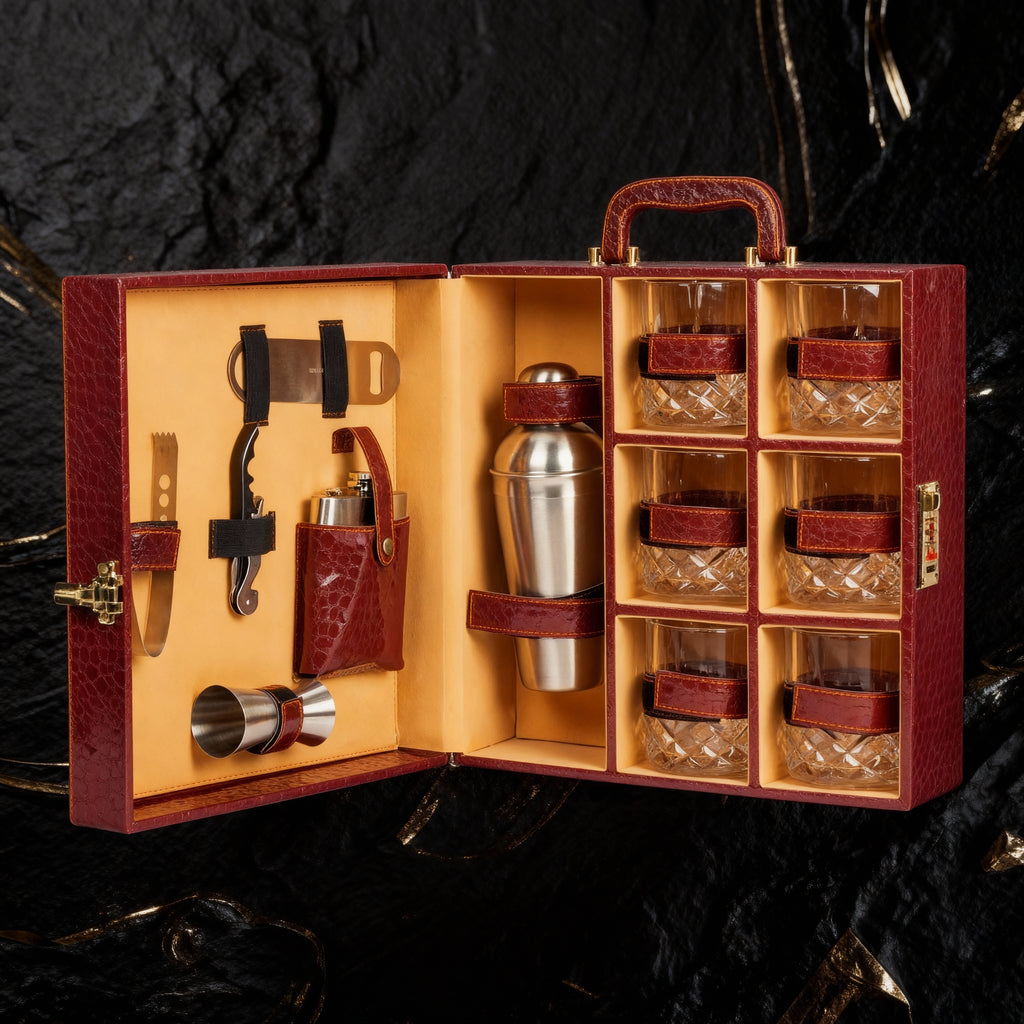 Classic Portable Bar Tools Set - Brown Croc Print - 12 Piece Set