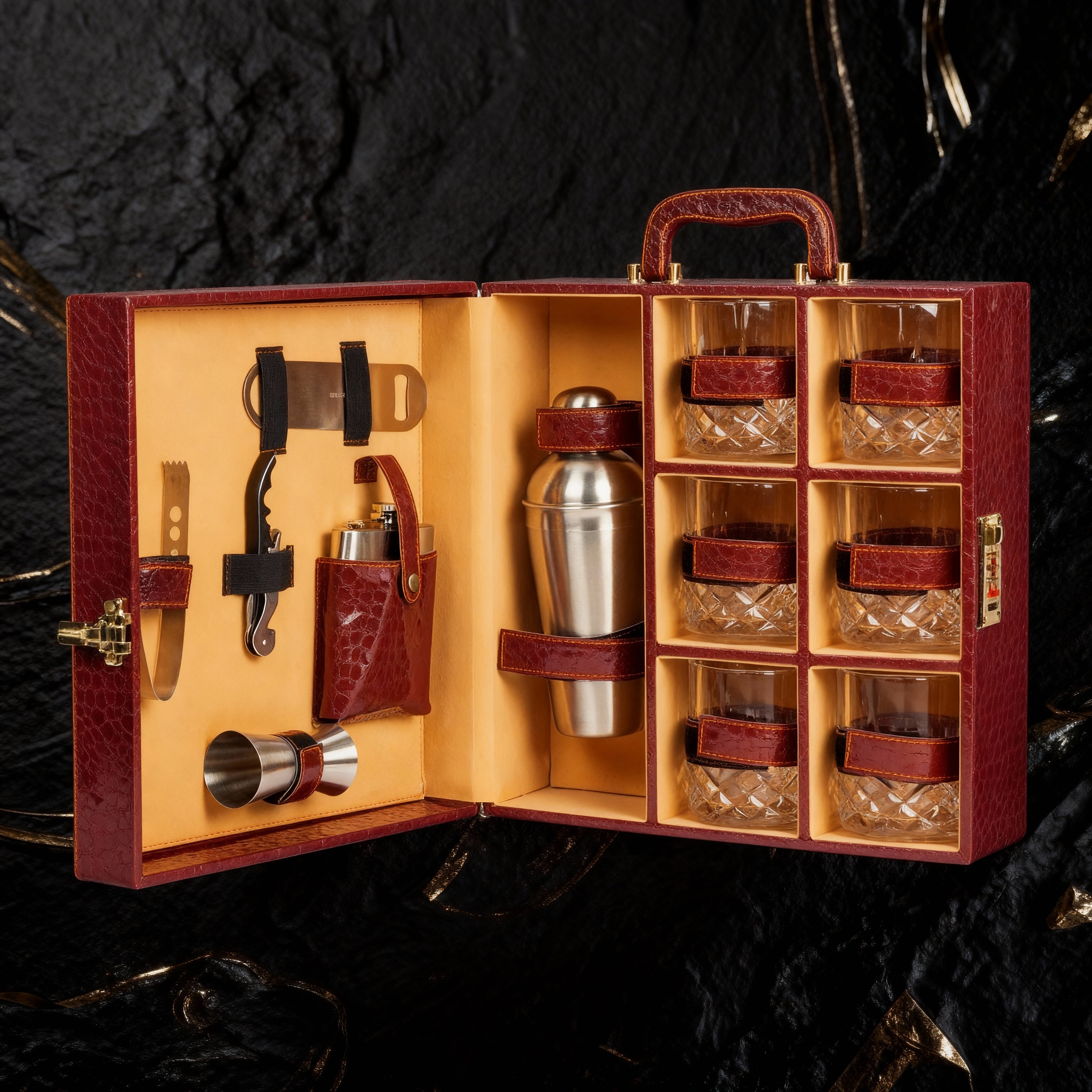 Classic Portable Bar Tools Set - Brown Croc Print - 12 Piece Set