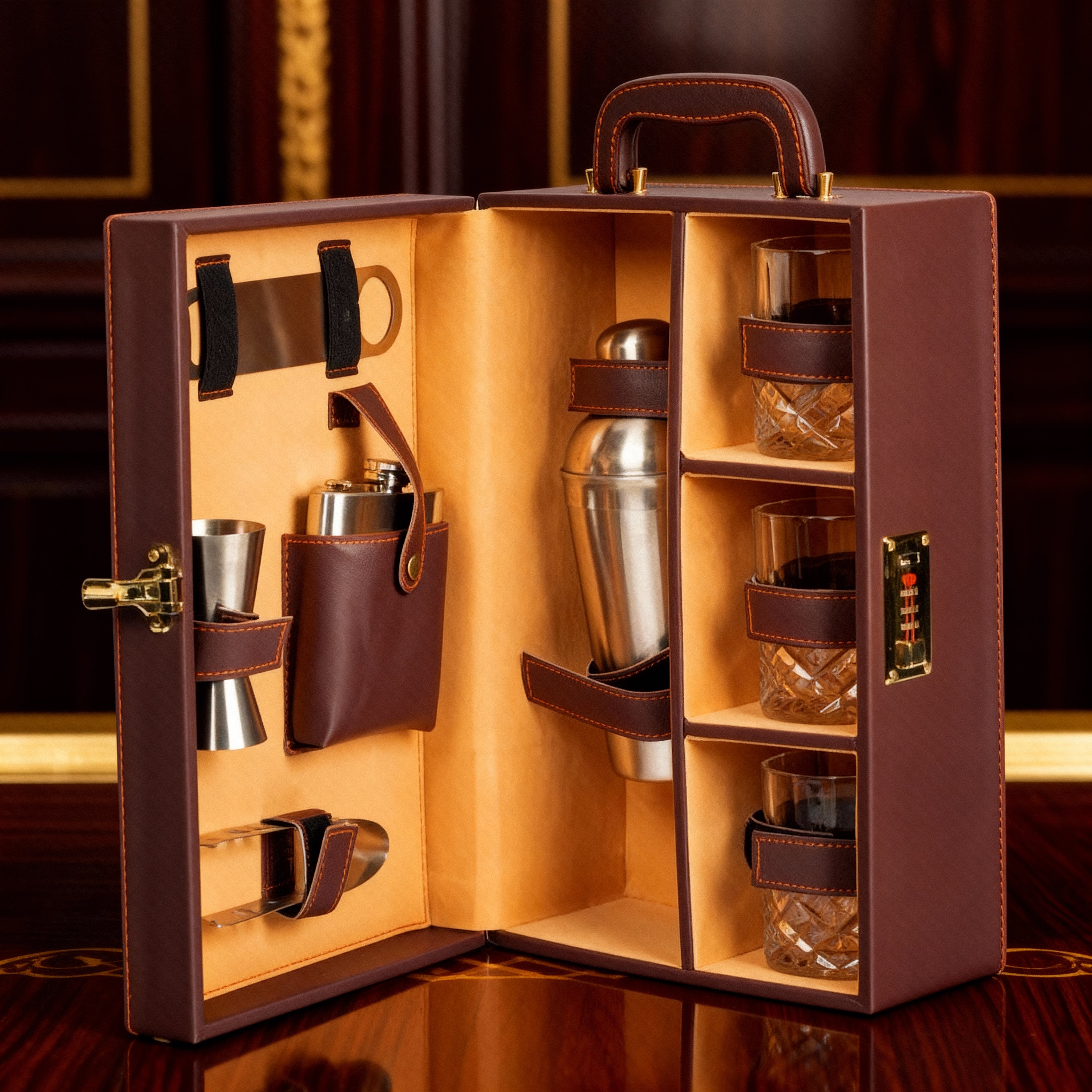 Image of Portable Bar Tools Set - Brown Leatherette - 8 Piece Set