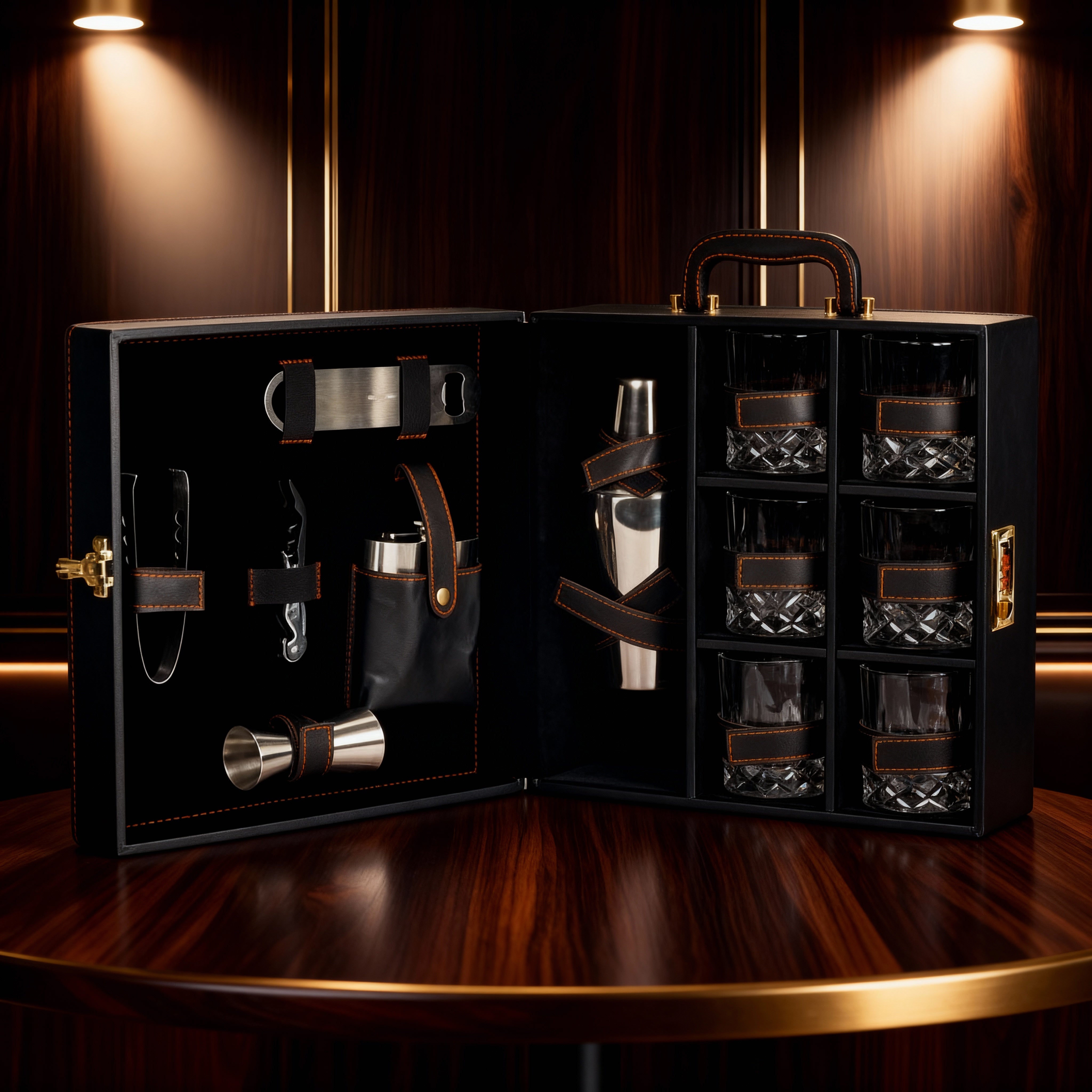 Image of Classic Portable Bar Tools Set - Black (Orange) Quilted Leatherette - 12 Piece Set