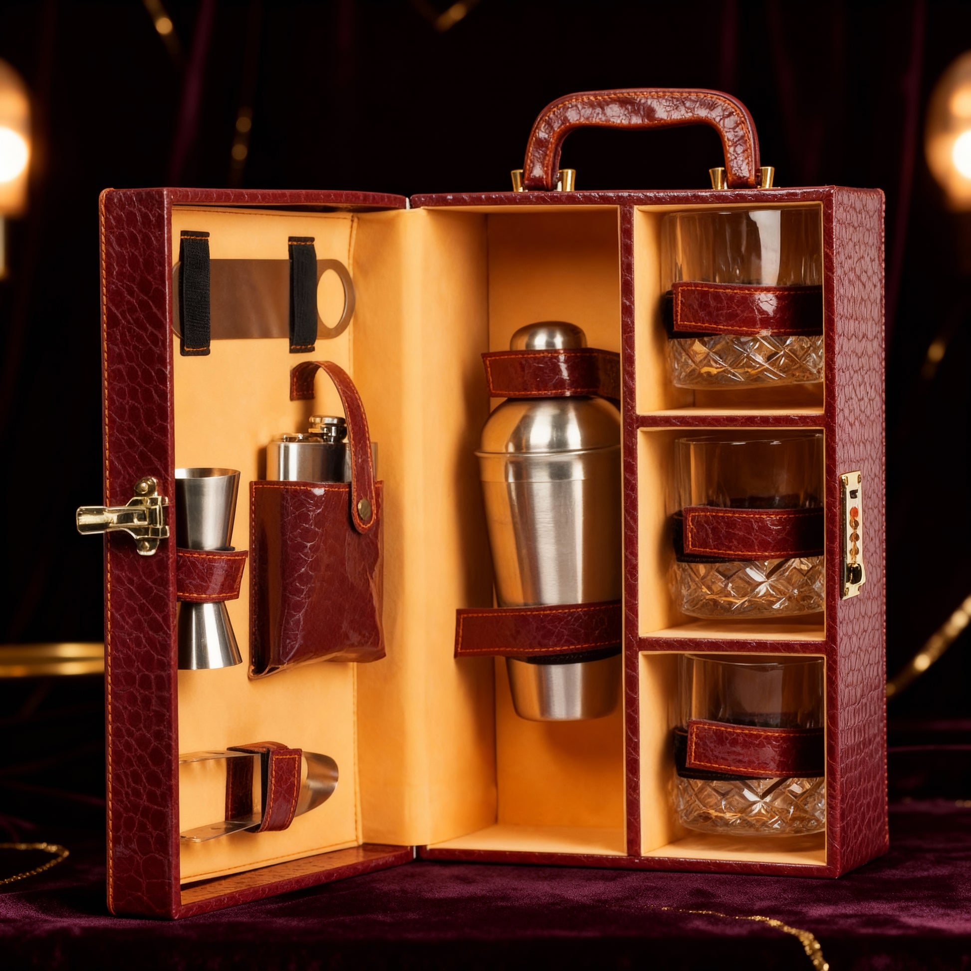 Portable Bar Tools Set - Brown Croc Print Leatherette - 8 Piece Set