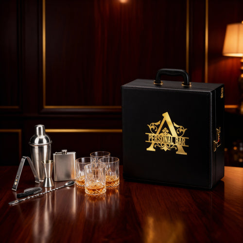 Abrazo Bar Tool Set Black with acrylic Initials | 11 Piece Unit | Bar Set