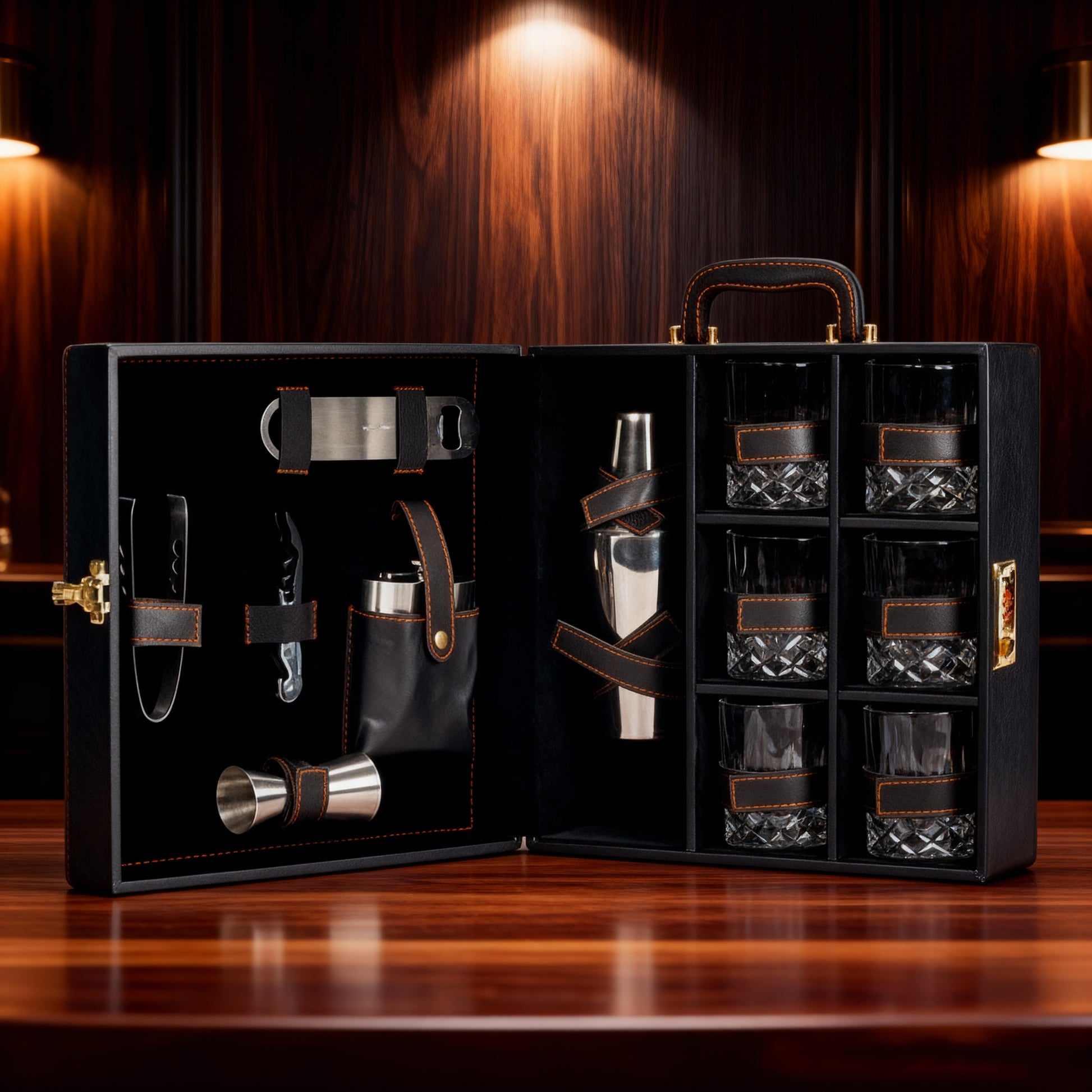 Portable Bartender Tool Kit  | Black Leatherette Case | 12-Piece Bar Set