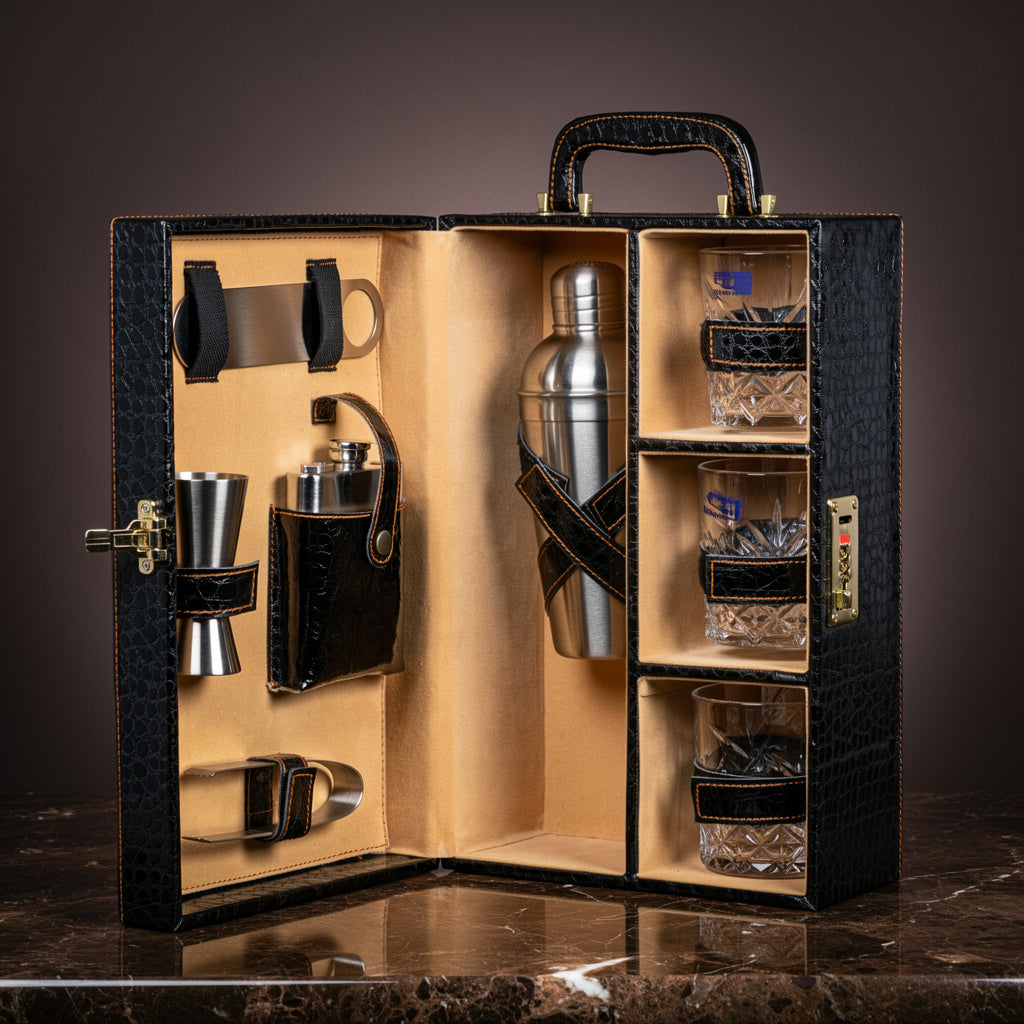 Portable Whiskey Case Set - Black Croc Leatherette - 7 Piece Set - Bar Accessories