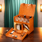 Home Bar Tools Set - Open Flap Design - Brown Reptile Print - 9 Piece Set