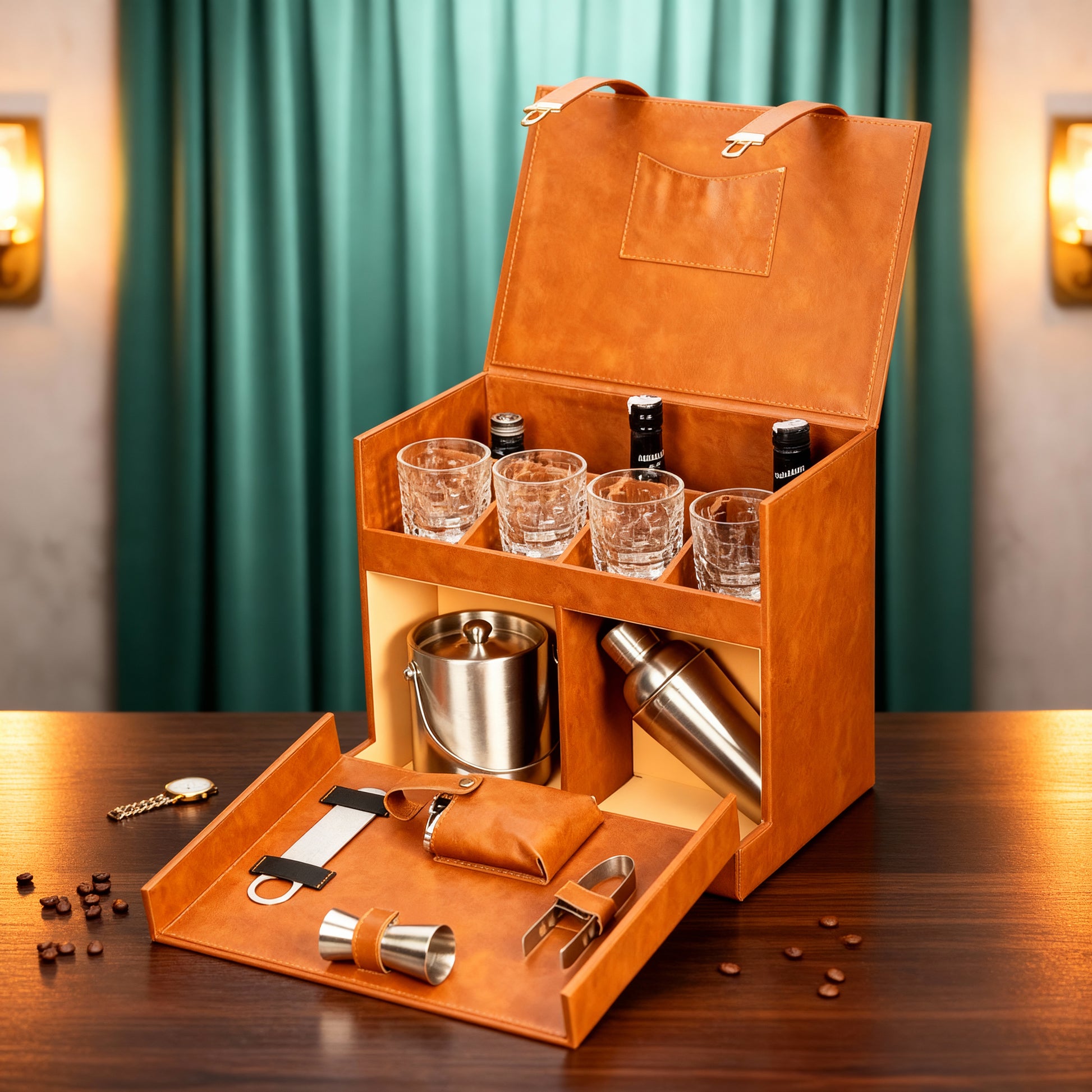 Home Bar Tools Set - Open Flap Design - Brown Reptile Print - 9 Piece Set