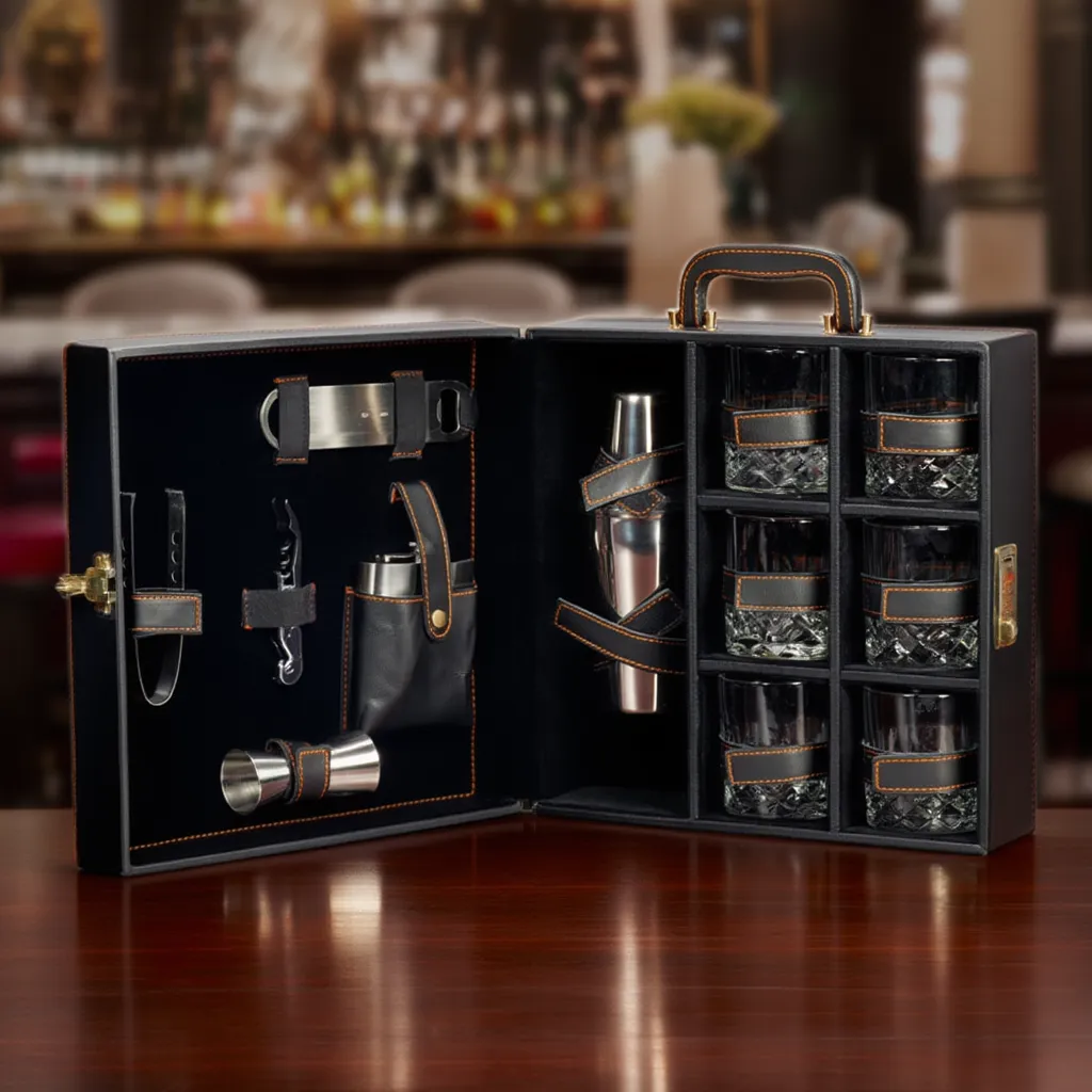 Image of Portable Bar Tools Set - Black Leatherette - 10 Piece Set with Bottle Storage