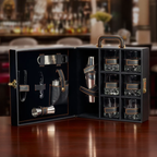 Portable Bar Tools Set - Black Leatherette - 10 Piece Set with Bottle Storage