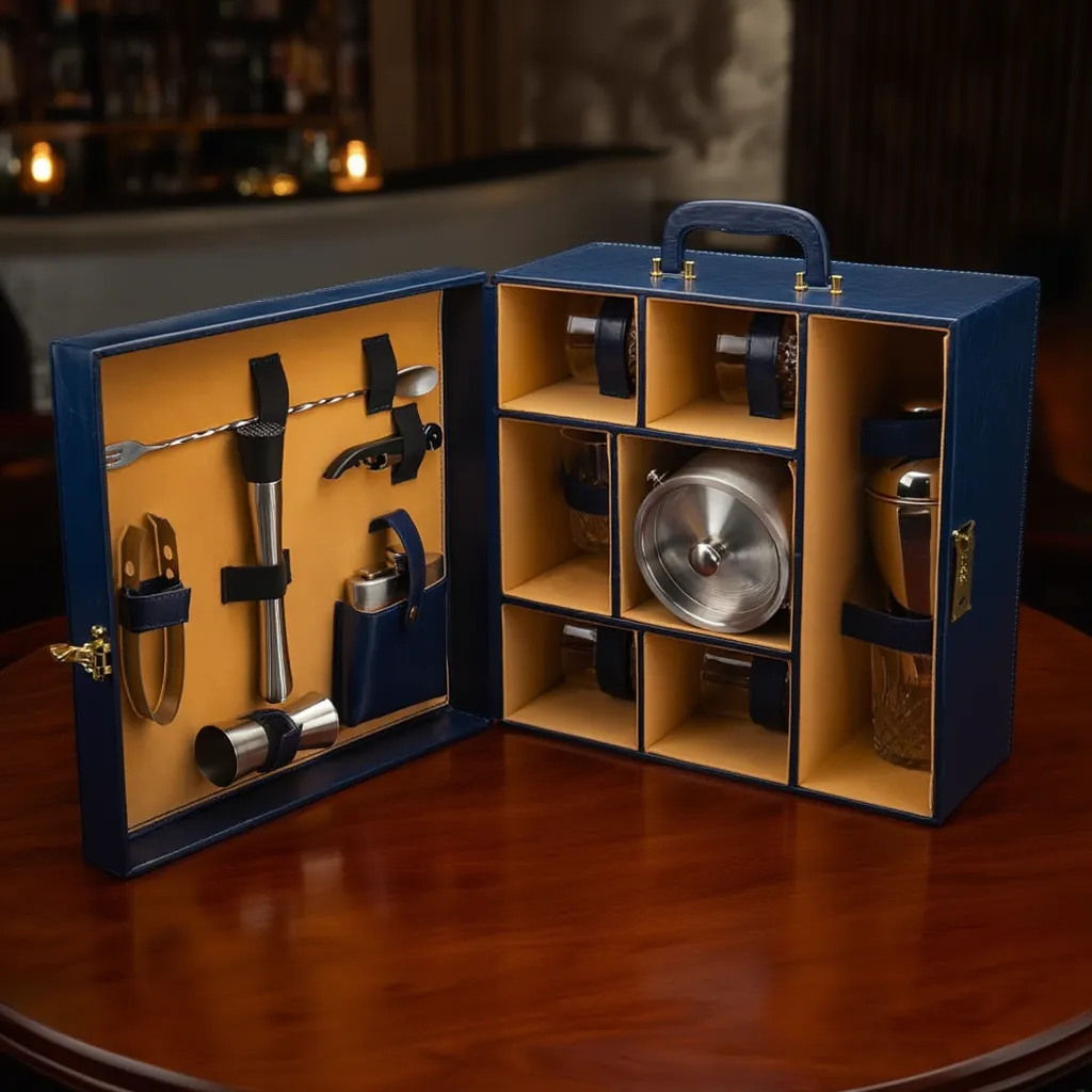 Portable Bar Tools Set - Blue Leatherette - 14 Piece Set