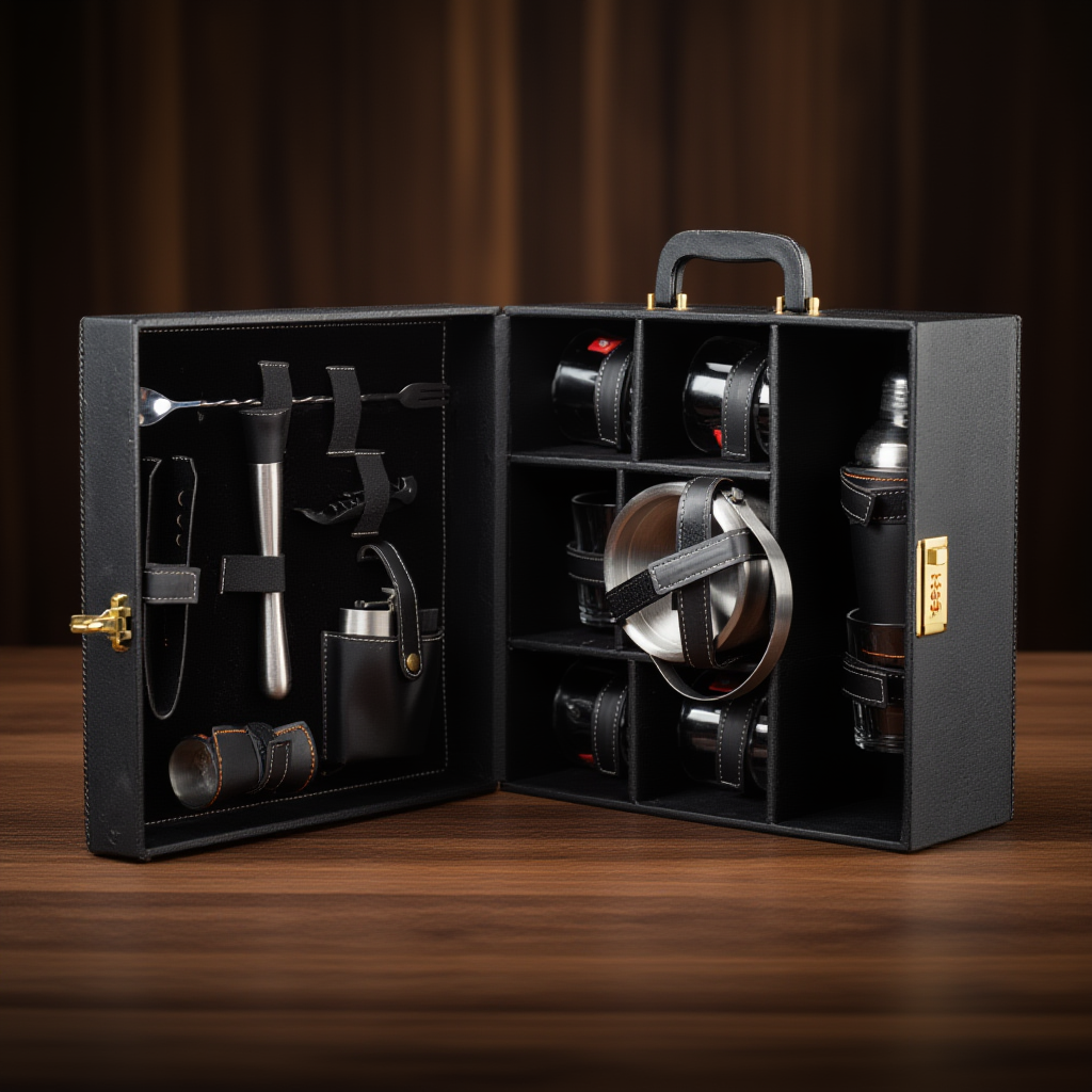 Image of Portable Bar Tools Set - Black and Beige Leatherette - 14 Piece Set