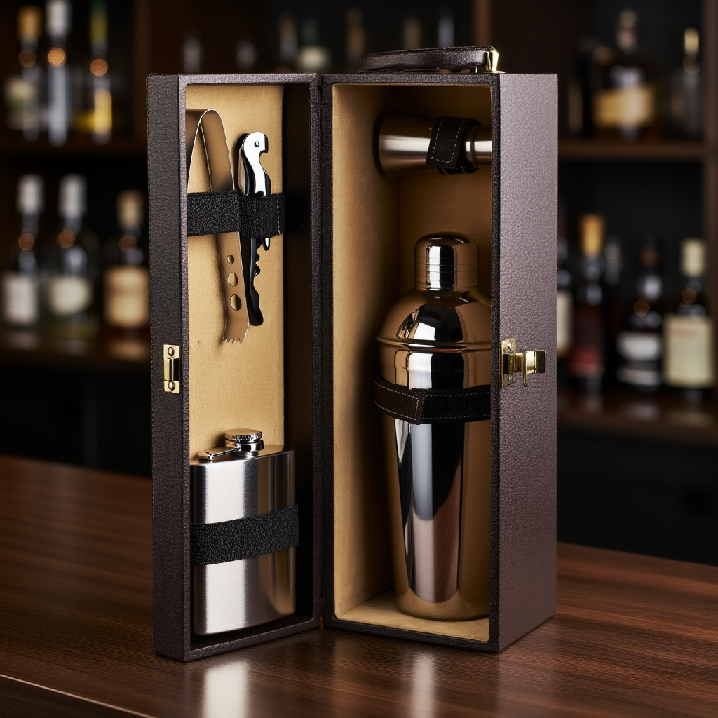 Image of Portable Bar Tools Set - Brown Leatherette - 5 Piece Set