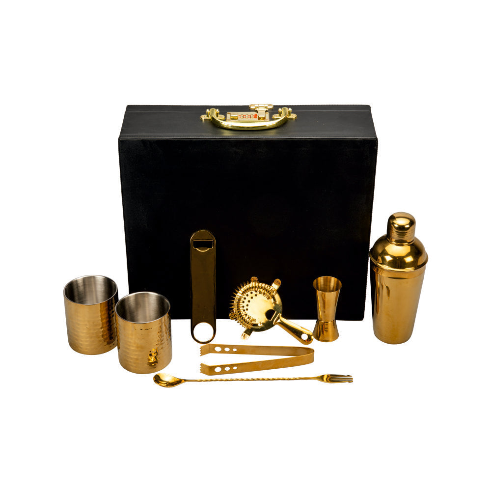 Image of Abrazo Bartender Kit with Carrying Case, 8-Piece PVD Gold Gloss Finish Cocktail Set, Hammered Glasses and Cocktail Shaker, Black Gift Box, Bar Tool Set, Bar accessoires, Barset - Abrazo