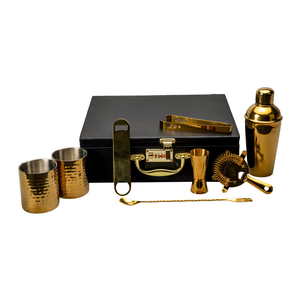 Image of Abrazo Bartender Kit with Carrying Case, 8-Piece PVD Gold Gloss Finish Cocktail Set, Hammered Glasses and Cocktail Shaker, Black Gift Box, Bar Tool Set, Bar accessoires, Barset - Abrazo