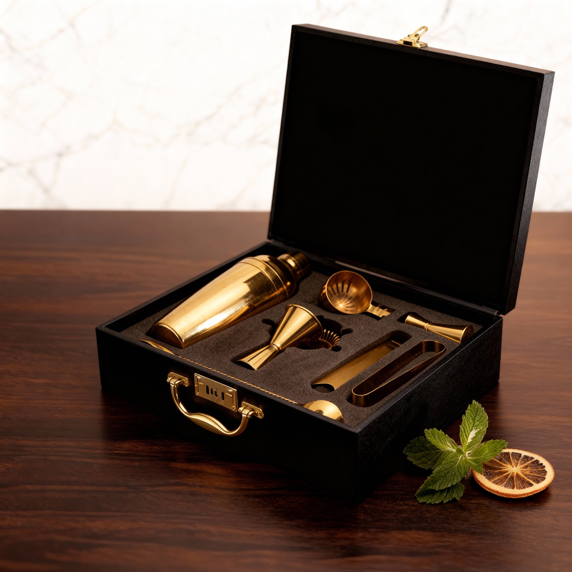 Abrazo 8-Piece PVD Gold Gloss Finish Bartender Kit with Carrying Case | Cocktail Shaker & Hammered Glasses