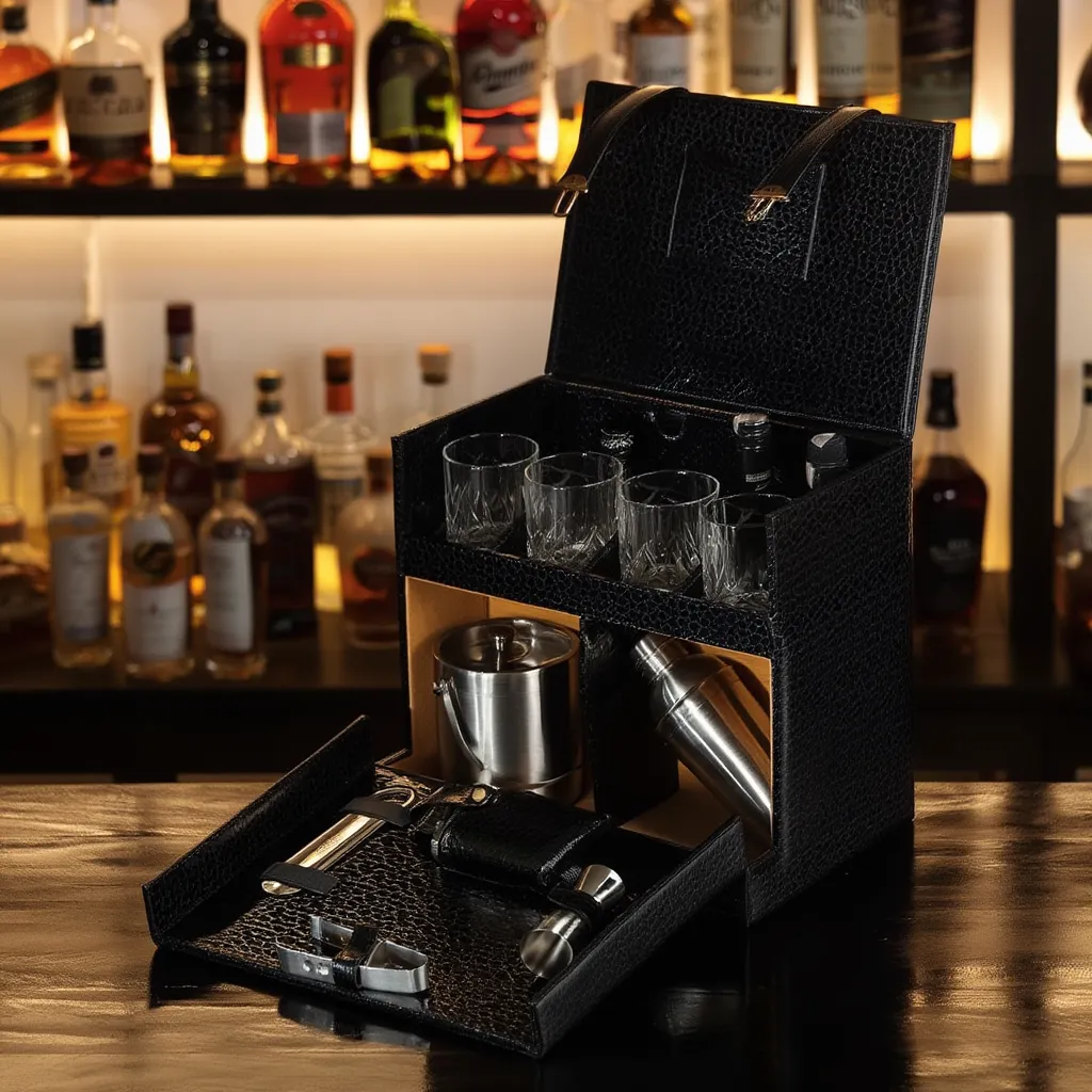 Image of Home Bar Tools Set - Open Flap Design - Black Wooden - 9 Piece Set