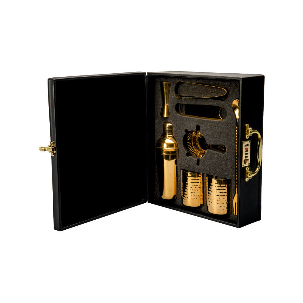 Abrazo Bartender Kit with Carrying Case, 8-Piece PVD Gold Gloss Finish Cocktail Set, Hammered Glasses and Cocktail Shaker, Black Gift Box, Bar Tool Set, Bar accessoires, Barset - Abrazo