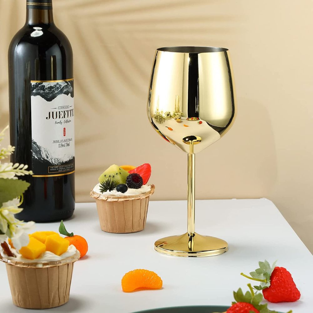 Image of abrazo Stainless Steel  Wine Glasses 350 ml set of 2, Unbreakable Wine Glass Goblets, Gift for Men and Women, Party Glasses - 350 ml (Gold) - Abrazo