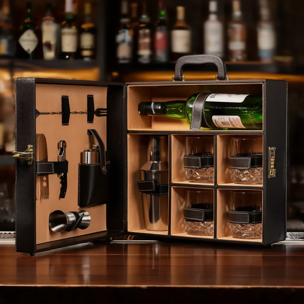 Image of Portable Bar Tools Set| Brown Leatherette|10 Piece Set with Bottle Storage