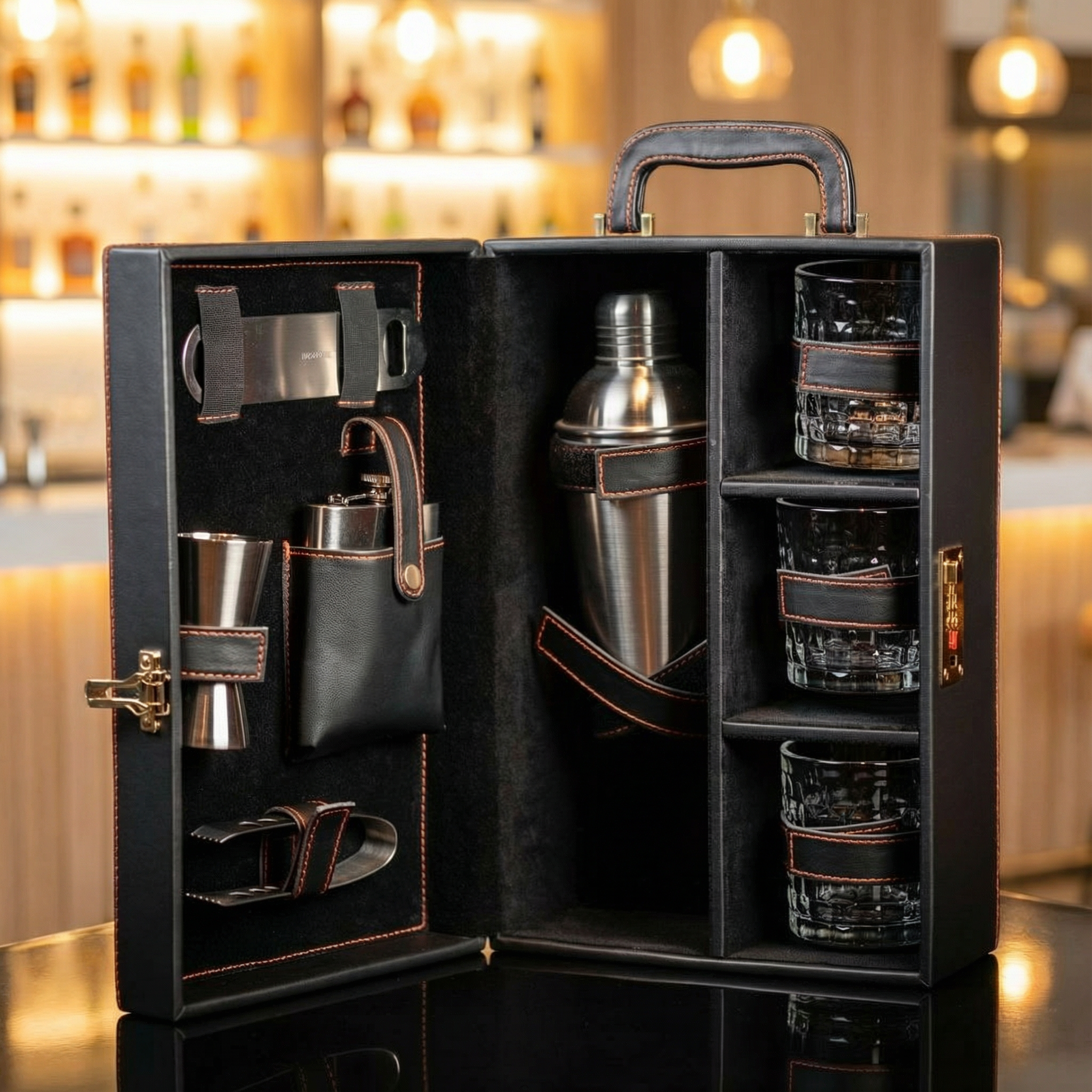 Image of Portable Bar Tools Set - Black Leatherette - 8 Piece Set