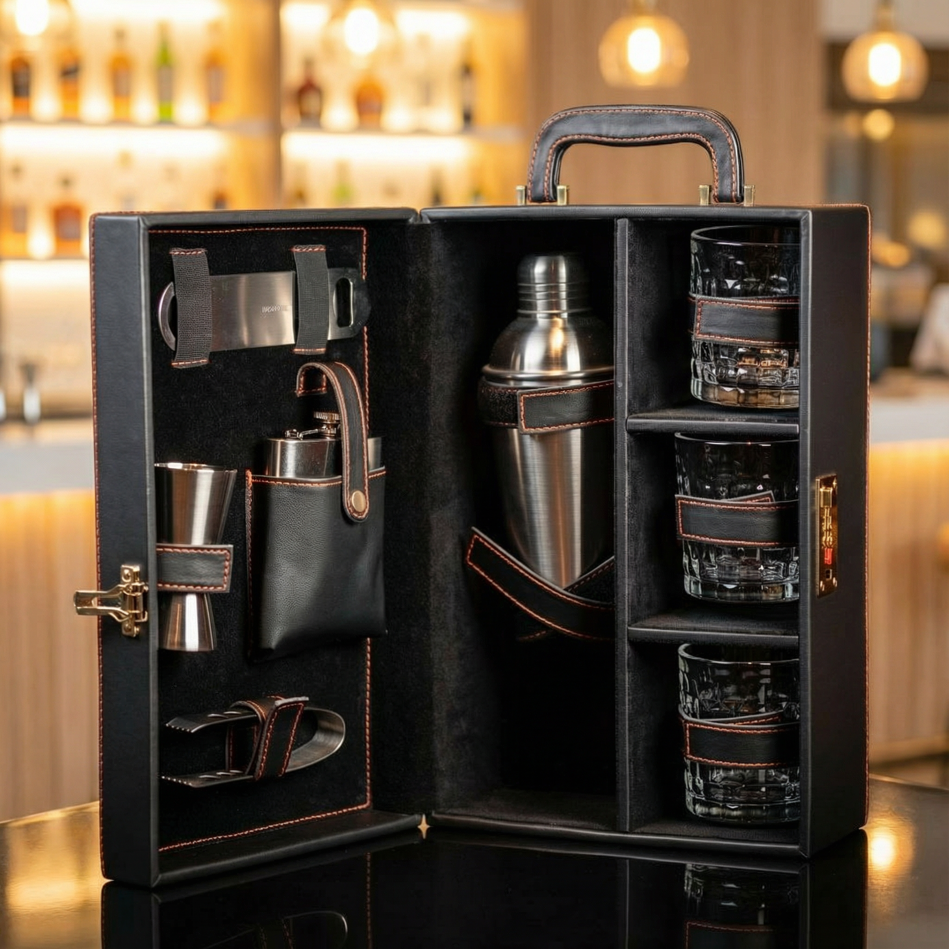 Portable Bar Tools Set - Black Leatherette - 8 Piece Set