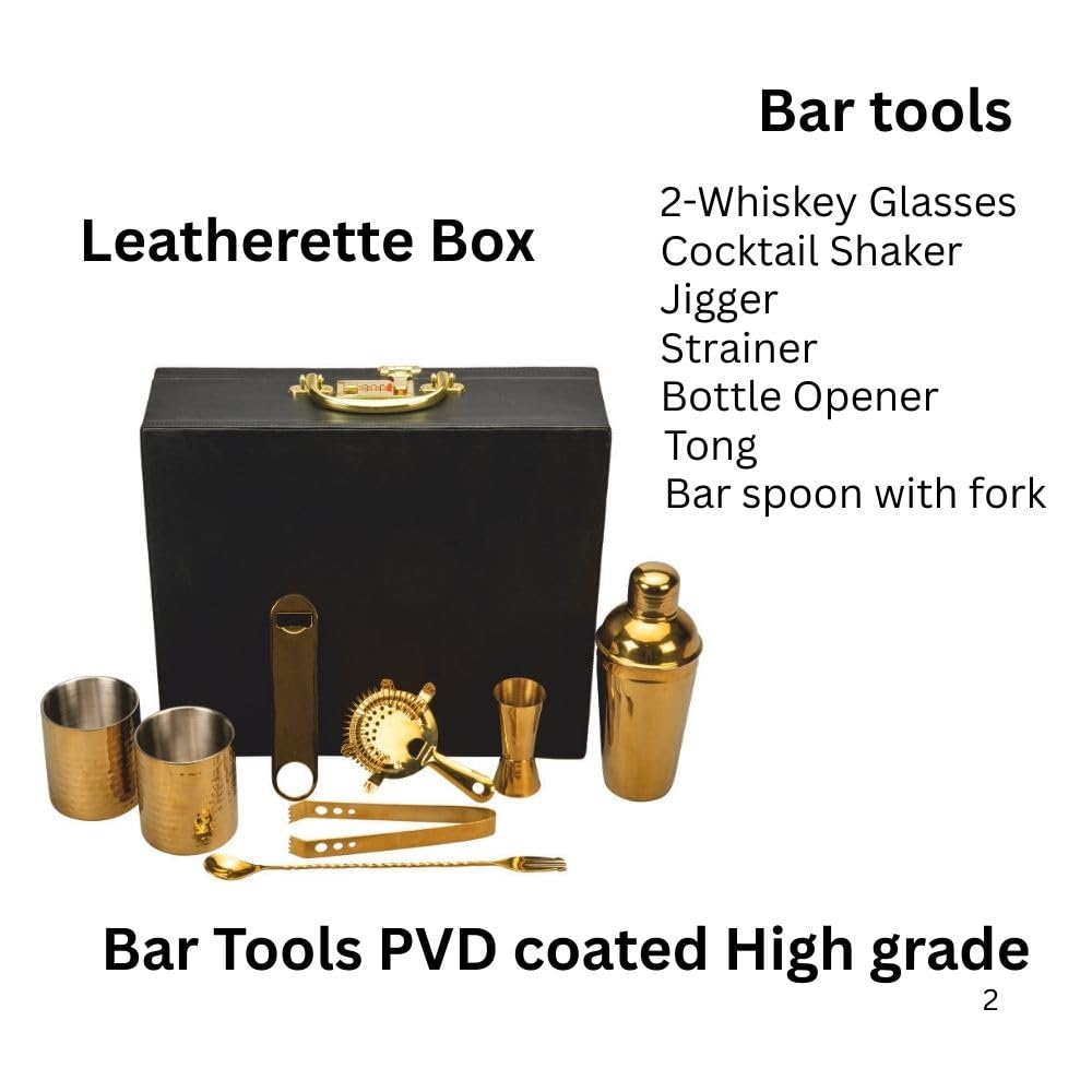 Image of Abrazo Bartender Kit with Carrying Case, 8-Piece PVD Gold Gloss Finish Cocktail Set, Hammered Glasses and Cocktail Shaker, Black Gift Box, Bar Tool Set, Bar accessoires, Barset - Abrazo