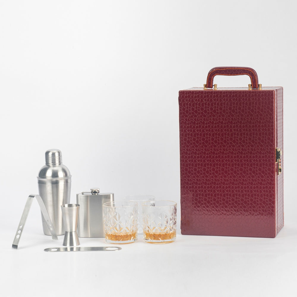 Portable Bar Tools Set - Brown Croc Print Leatherette - 8 Piece Set - Abrazo