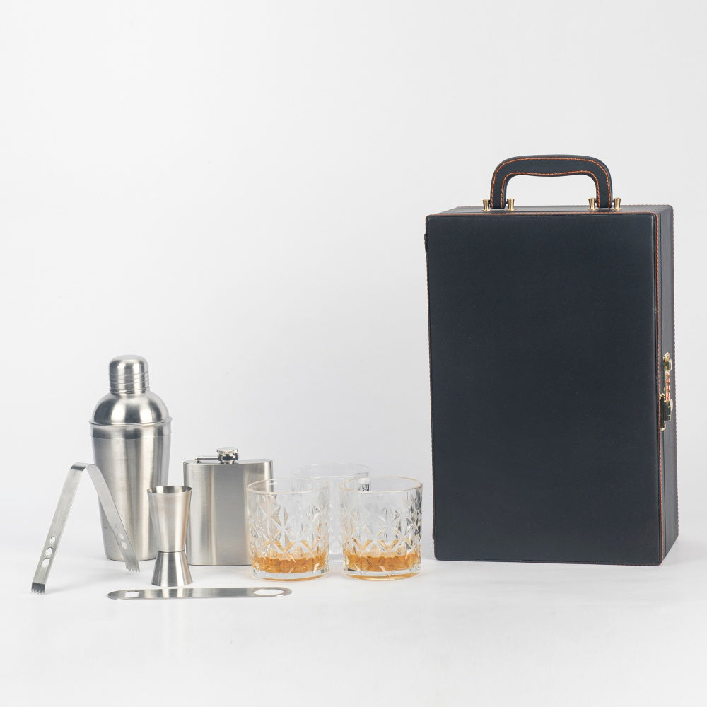 Portable Bar Tools Set - Black Leatherette - 8 Piece Set - Abrazo