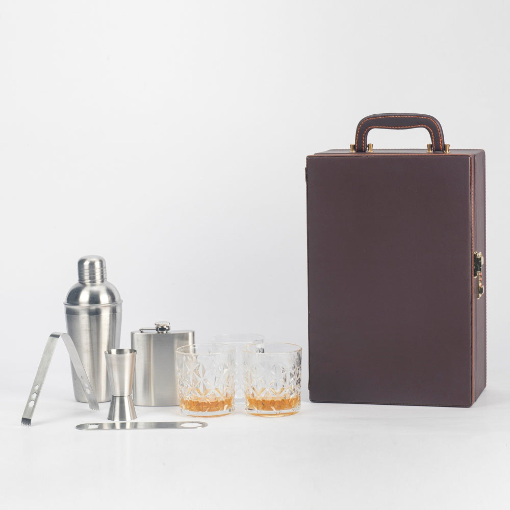 Image of Portable Bar Tools Set - Brown Leatherette - 8 Piece Set - Abrazo
