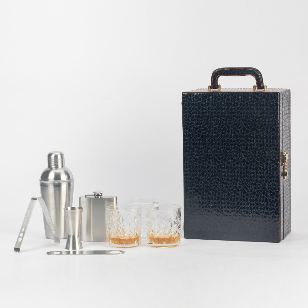 Image of Portable Whiskey Case Set - Black Croc Leatherette - 7 Piece Set - Abrazo