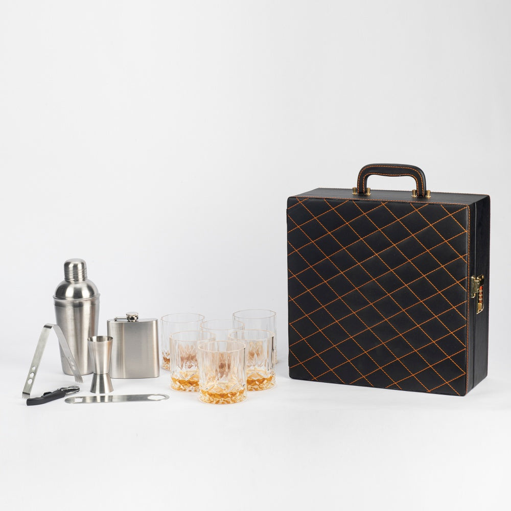 Classic Portable Bar Tools Set - Black (Orange) Quilted Leatherette - 12 Piece Set - Abrazo