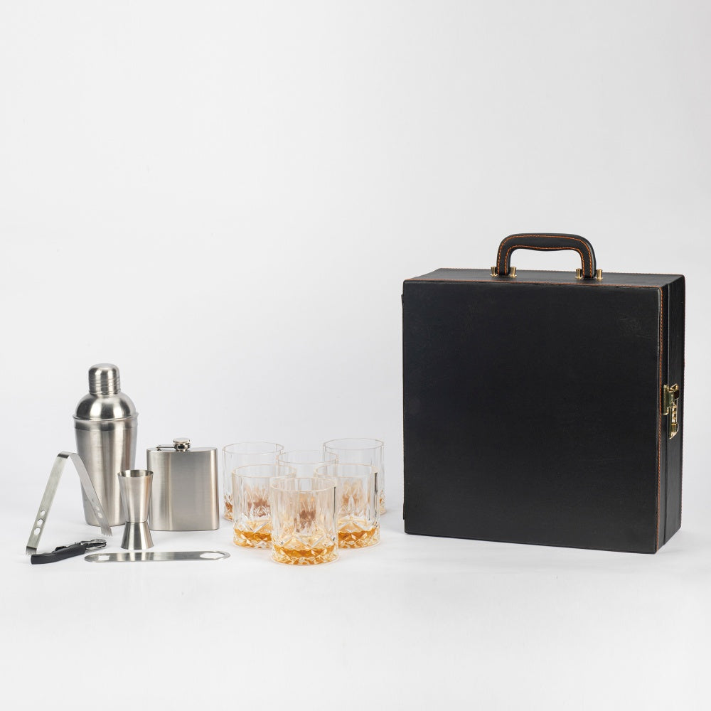 Image of Classic Portable Bar Tools Set - Fine Black Leatherette - 12 Piece Set - Abrazo