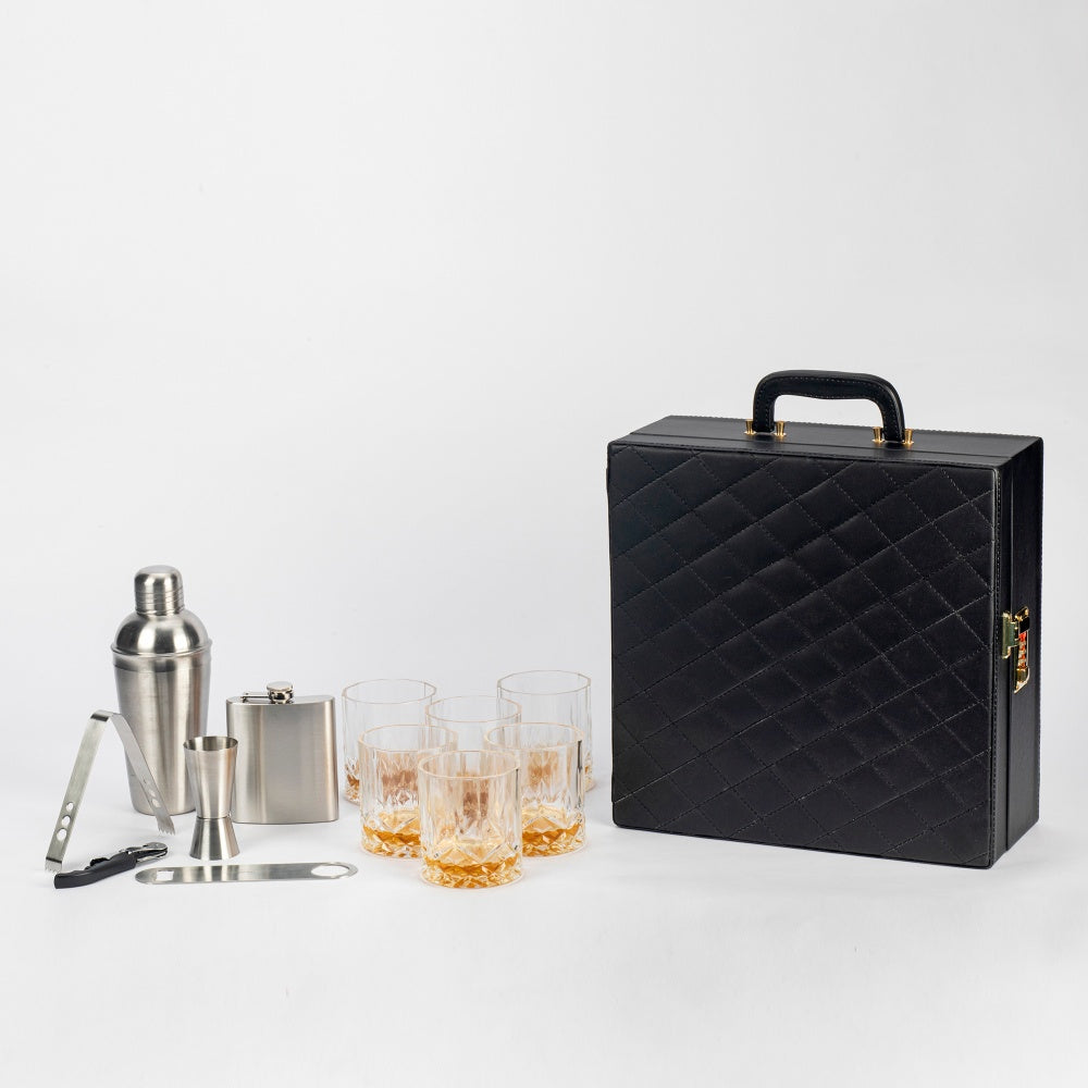 Image of Classic Portable Bar Tools Set - Quilted Black Leatherette - 12 Piece Set - Abrazo