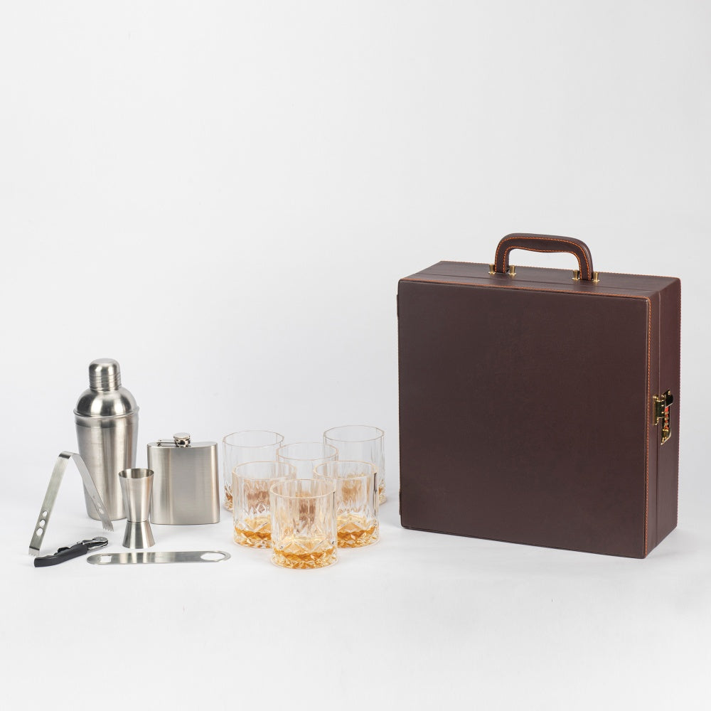 Image of Classic Portable Bar Tools Set - Brown Leatherette - 12 Piece Set - Abrazo
