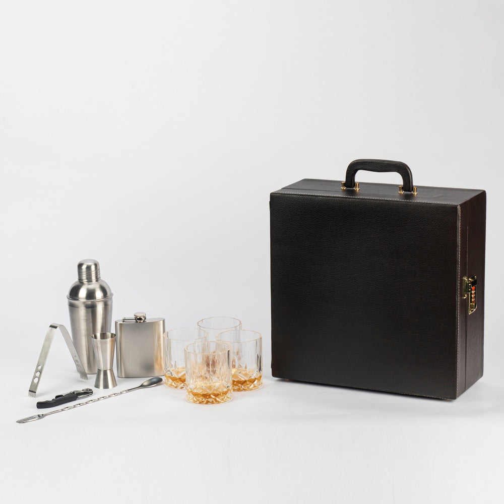 Image of Portable Bar Tools Set - Brown Leatherette - 10 Piece Set with Bottle Storage - Abrazo