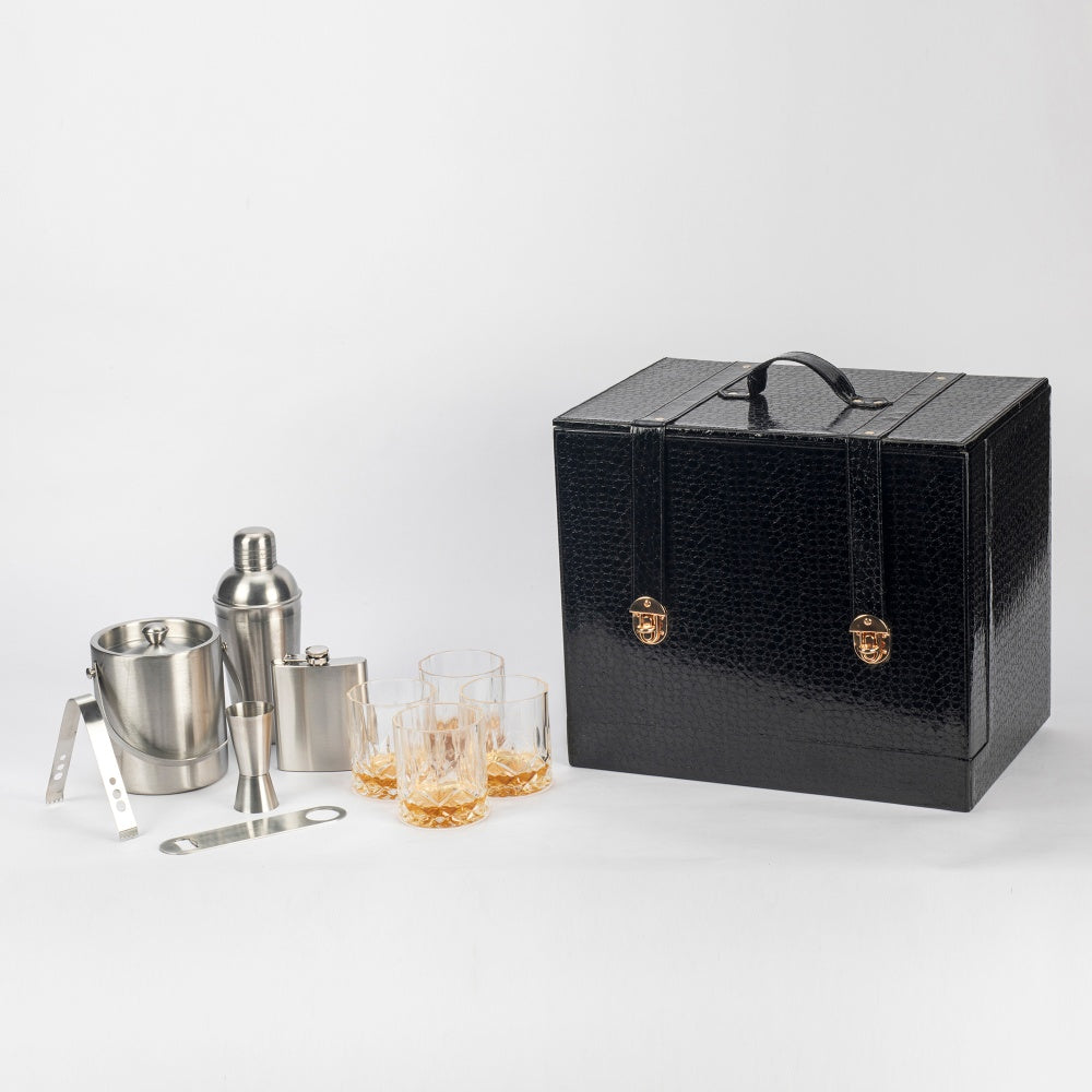 Image of Home Bar Tools Set - Open Flap Design - Black Wooden - 9 Piece Set - Abrazo