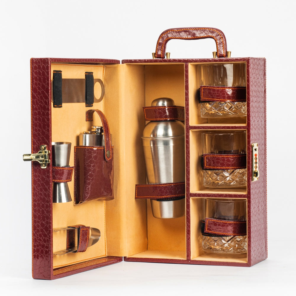 Image of Portable Bar Tools Set - Brown Croc Print Leatherette - 8 Piece Set - Abrazo