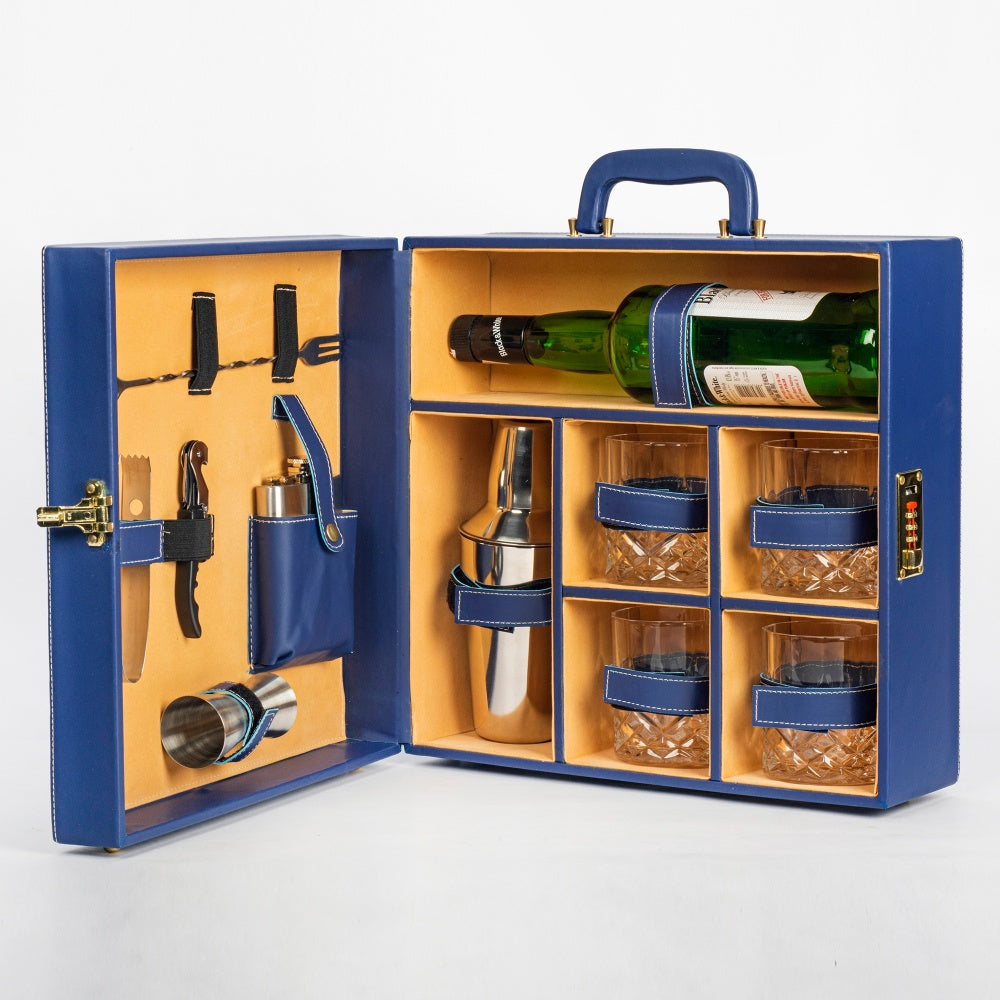 Bar Tools Case Portable Bar Tools Set - Crystal Blue Leatherette - 10 Piece Set with ...