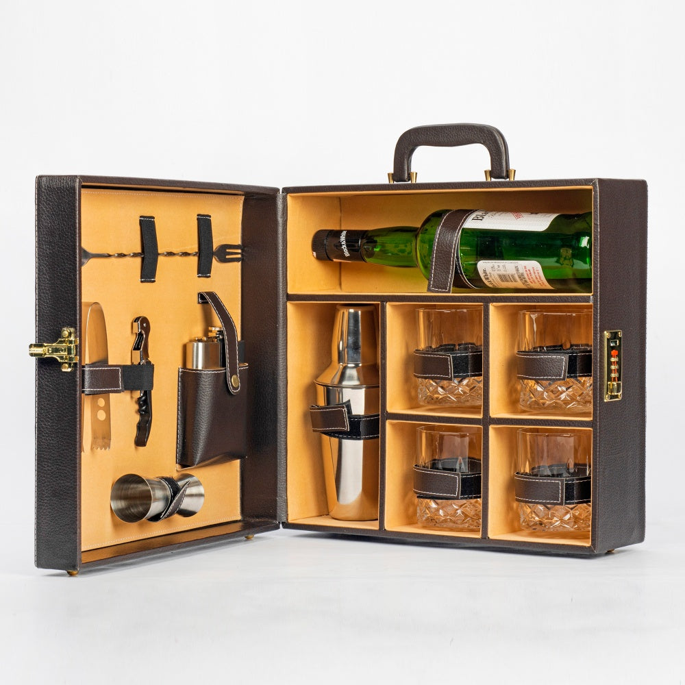 Image of Portable Bar Tools Set - Brown Leatherette - 10 Piece Set with Bottle Storage - Abrazo