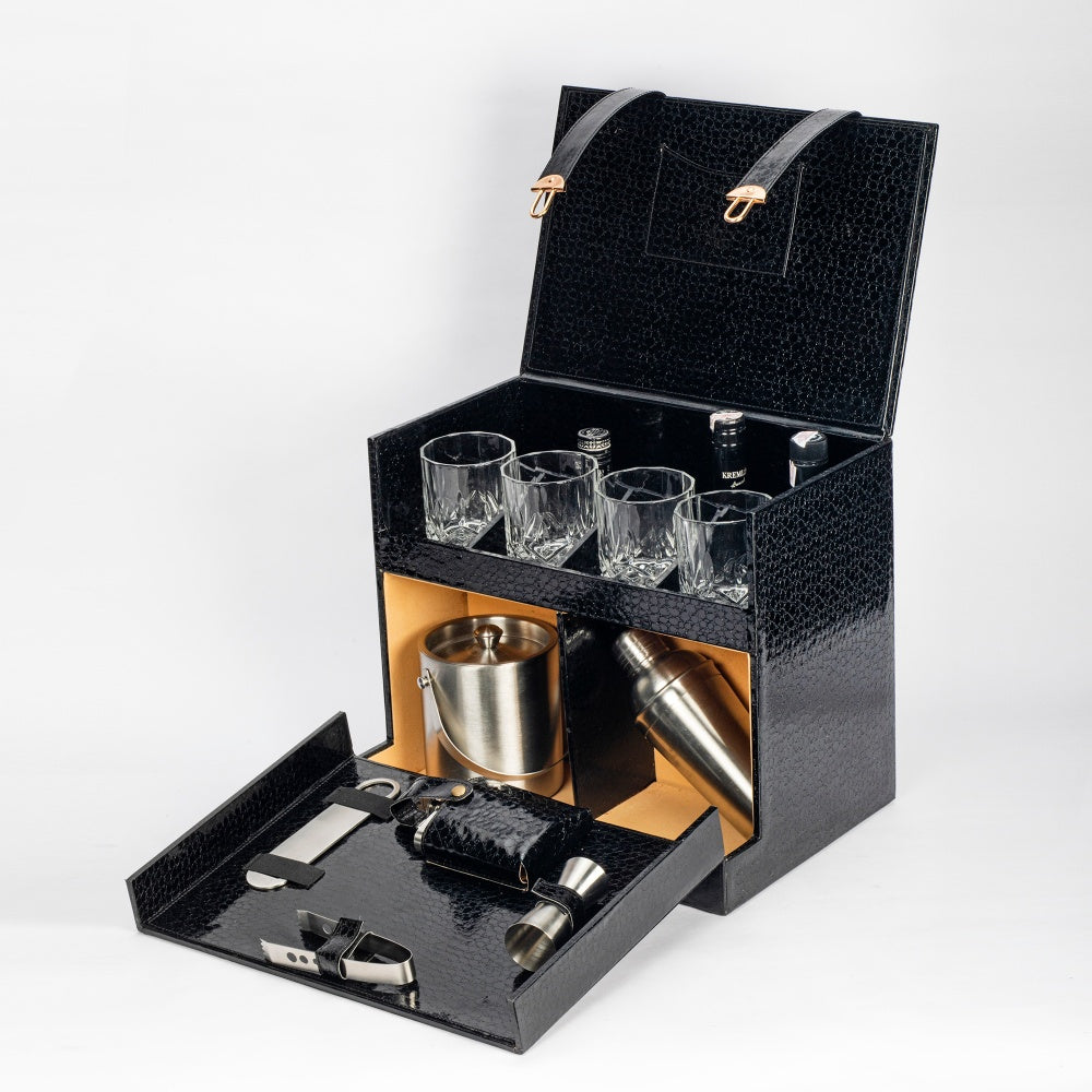 Home Bar Tools Set - Open Flap Design - Black Wooden - 9 Piece Set - Abrazo