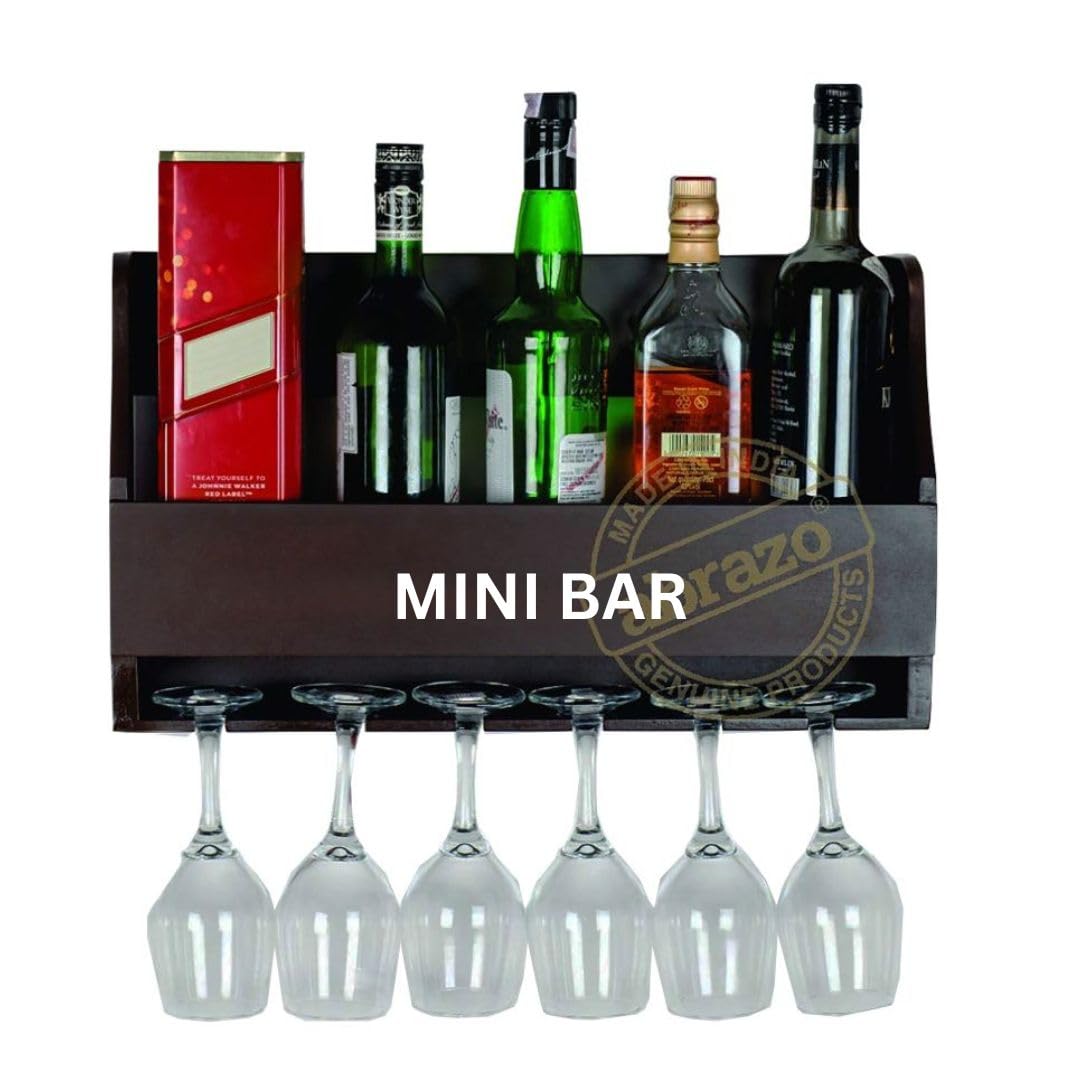 Image of Abrazo Bottle Holder, Wall Mounted Wine Glass Racks, Bottles, Hangers for 6 Wine Glasses (Walnut) - Abrazo