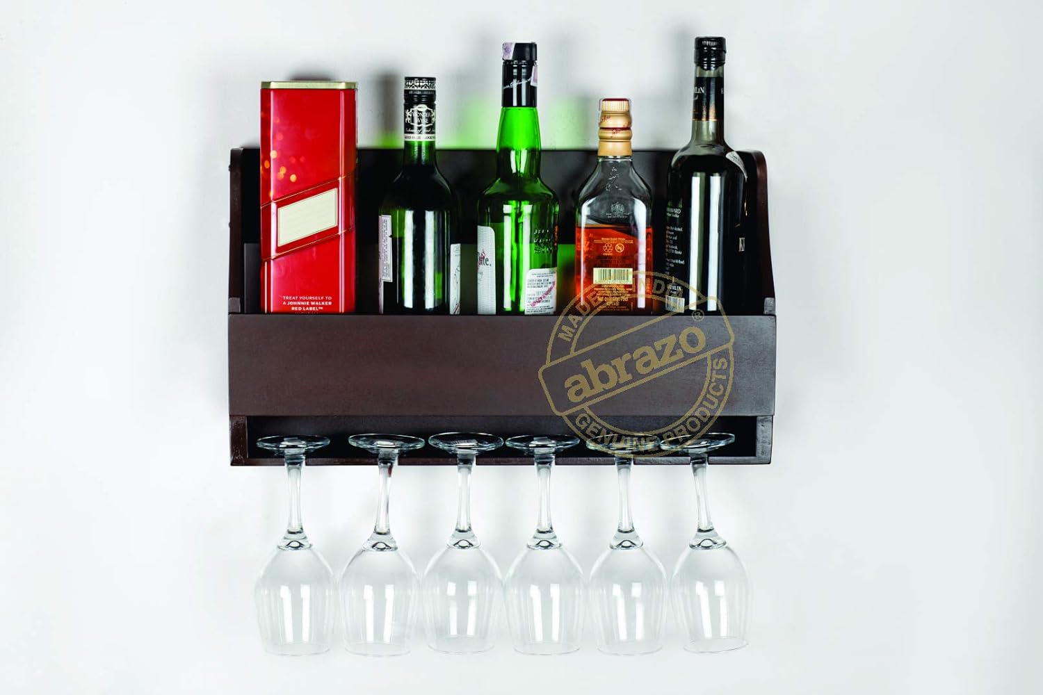 Abrazo Bottle Holder, Wall Mounted Wine Glass Racks, Bottles, Hangers for 6 Wine Glasses (Walnut) - Abrazo