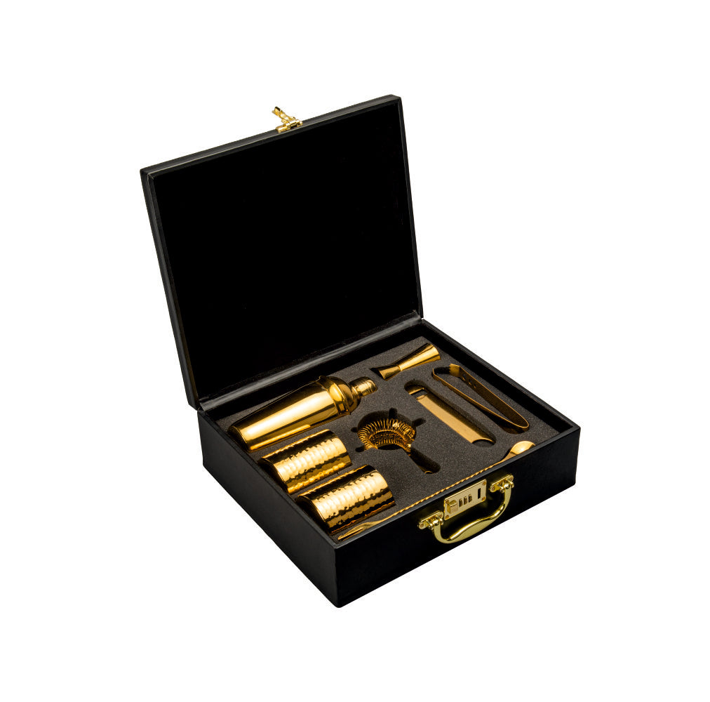 Image of Abrazo Bartender Kit with Carrying Case, 8-Piece PVD Gold Gloss Finish Cocktail Set, Hammered Glasses and Cocktail Shaker, Black Gift Box, Bar Tool Set, Bar accessoires, Barset - Abrazo