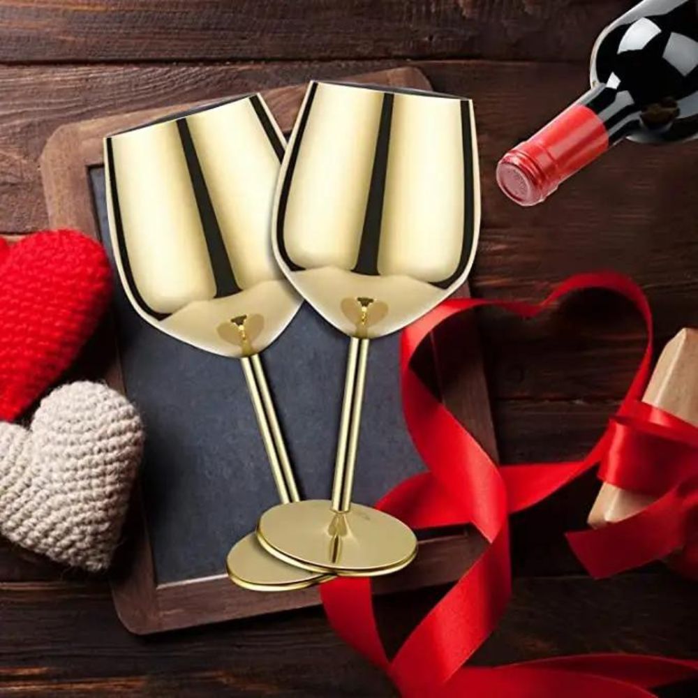 Image of abrazo Stainless Steel  Wine Glasses 350 ml set of 2, Unbreakable Wine Glass Goblets, Gift for Men and Women, Party Glasses - 350 ml (Gold) - Abrazo