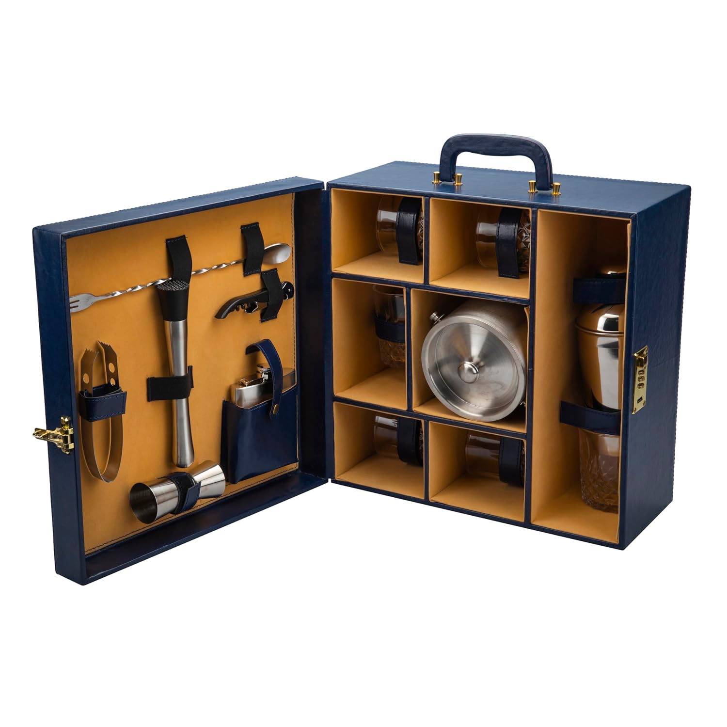 Image of Portable Bar Tools Set - Blue Leatherette - 14 Piece Set - Abrazo