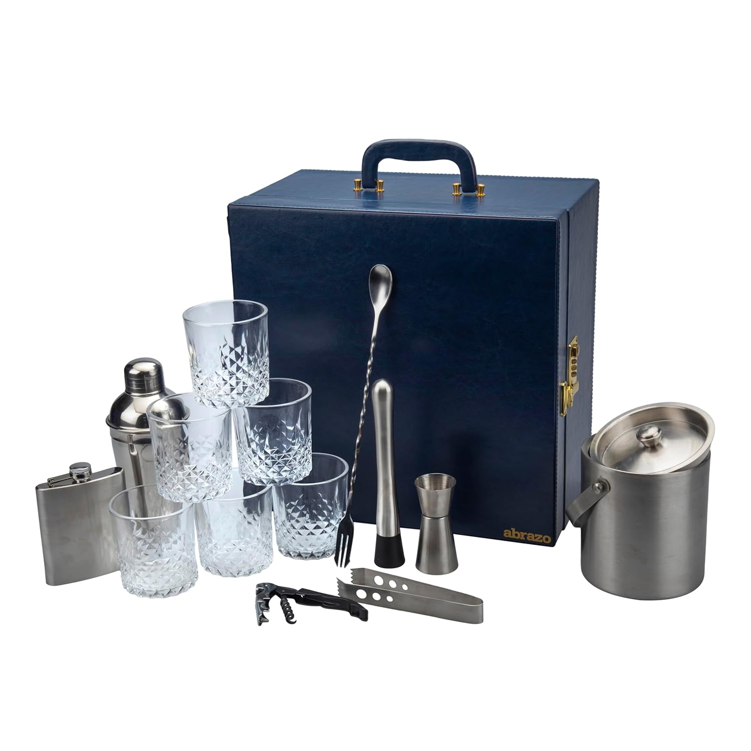 Portable Bar Tools Set - Blue Leatherette - 14 Piece Set - Abrazo
