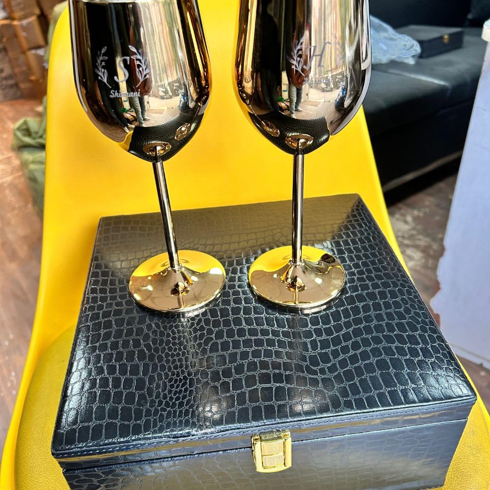 abrazo Stainless Steel  Wine Glasses 350 ml set of 2, Unbreakable Wine Glass Goblets, Gift for Men and Women, Party Glasses - 350 ml (Gold) - Abrazo
