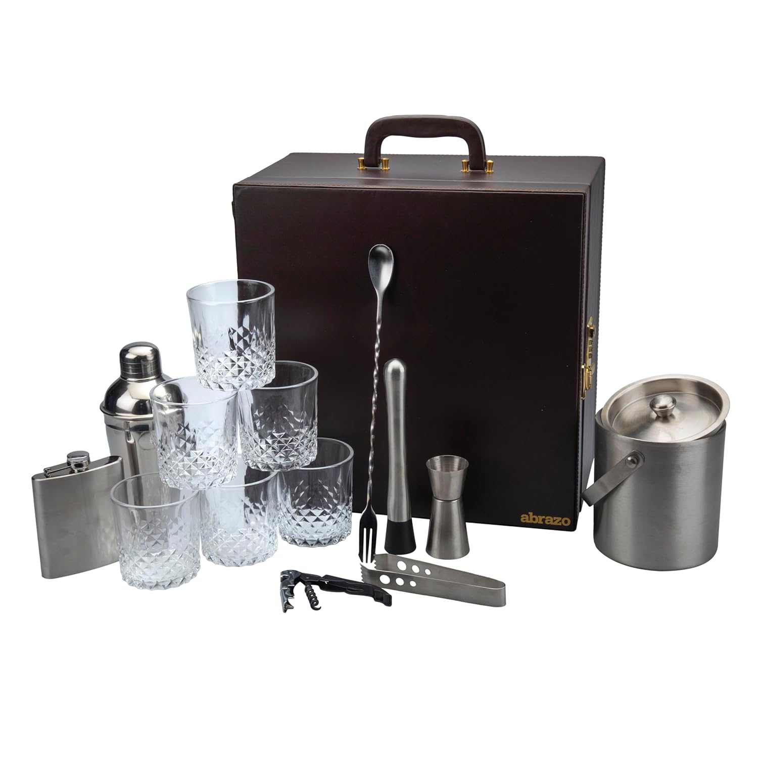 Image of Abrazo Portable Barset, Bartender kit, Bar Tool Set for Gifting,14 pcs bar Accessories, Brown, Gift - 14 Piece Set - Abrazo