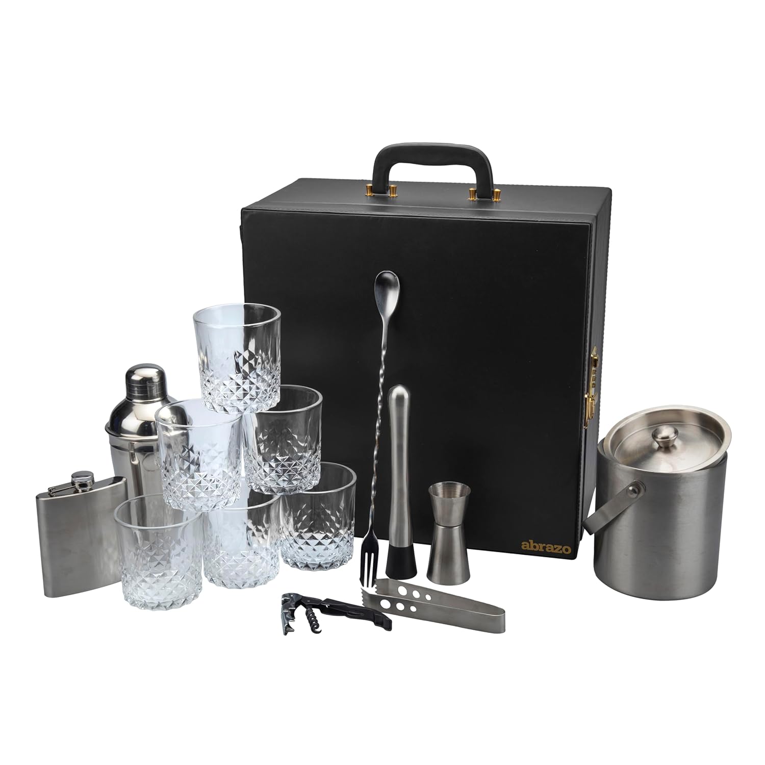 Portable Bar Tools Set - Black and Beige Leatherette - 14 Piece Set - Abrazo